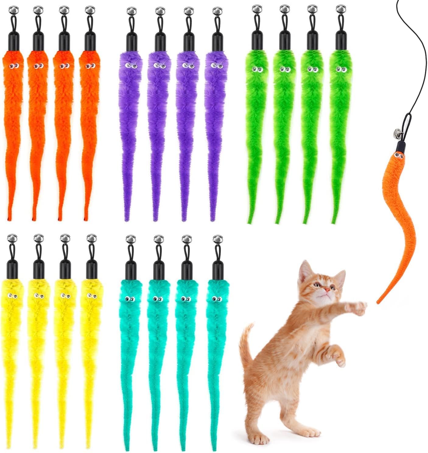 FAURAPMNG 20 Pcs Cat Worm Teaser Refills, Interactive Cat Wand Toy, Assorted Teaser Refills with Bells, Kitten Wands Toy for Indoor Cats Training Exerciser