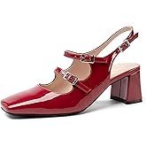 NEWBELLA Women's Mary Jane Shoes Slingbacks Block Heels for Women Square Toe Double Ankle Strap Pumps
