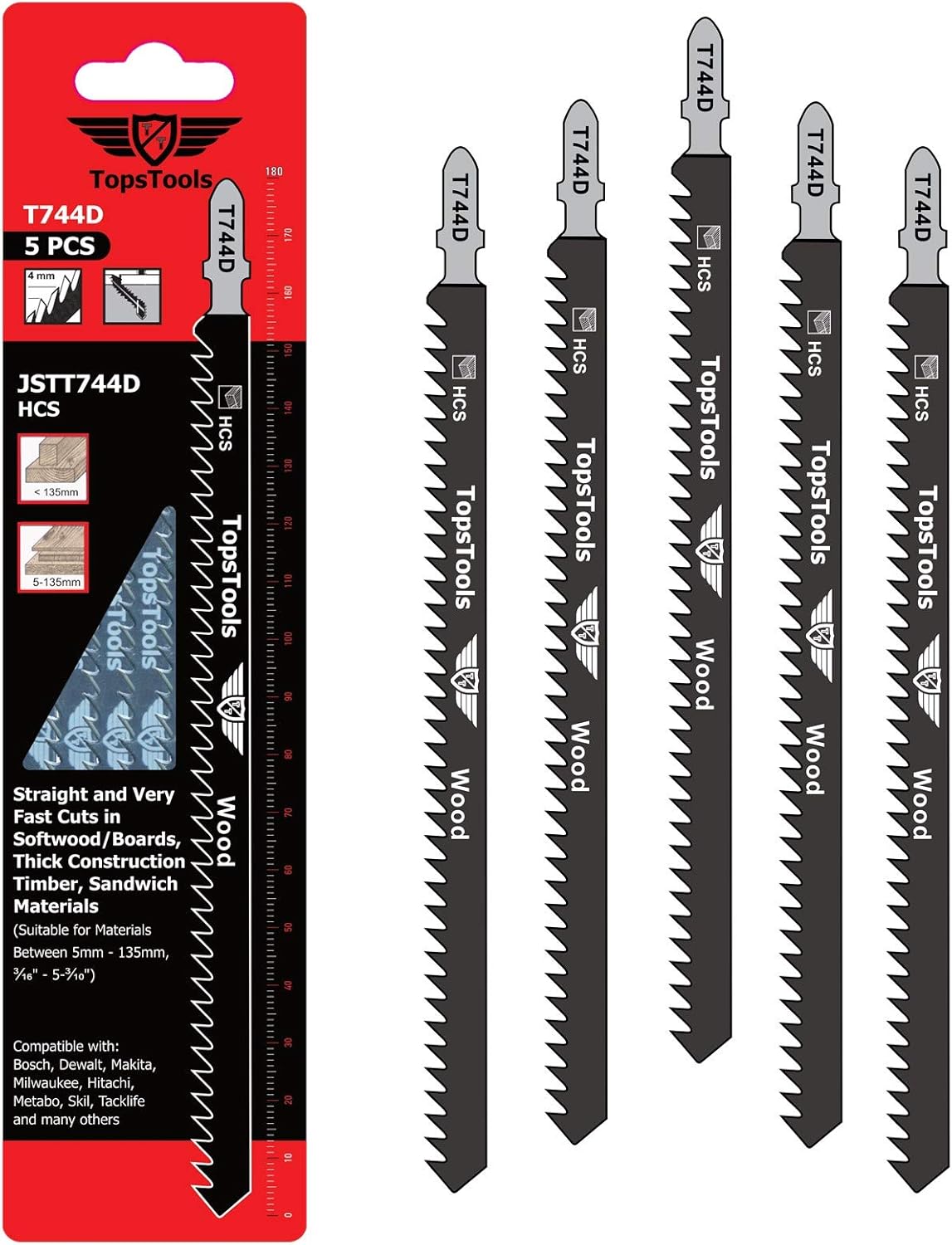 5 x TopsTools JSTT744D T744D 180mm Jigsaw Blades Designed for Long Clean Straight and Fast Cuts in Wood, Black