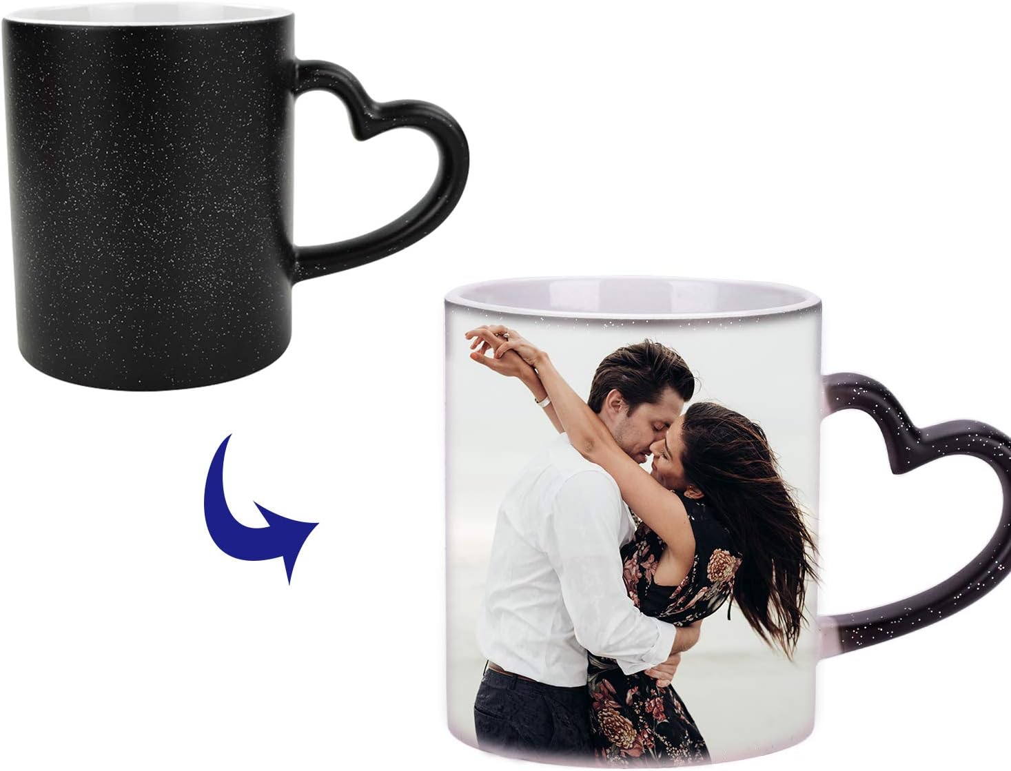 LONTG Personalised Couple Mugs with Photo Heat Changing Mugs Magic Mug Coffee Tea Cup Novelty Heat Reactive Mug Black Ceramic Mug with Foldable Spoon Personalized Image Text DIY Birthday Gift