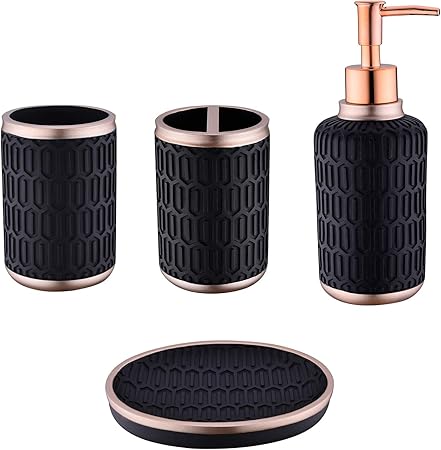 Shcasa Badezimmer Zubehor Set 4 Teiliges Badezimmer Zubehor Set Schwarz Beinhaltet 1 Lotionspender Zahnburstenhalter Becher Und Seifenschale Schwarz Amazon De Kuche Haushalt