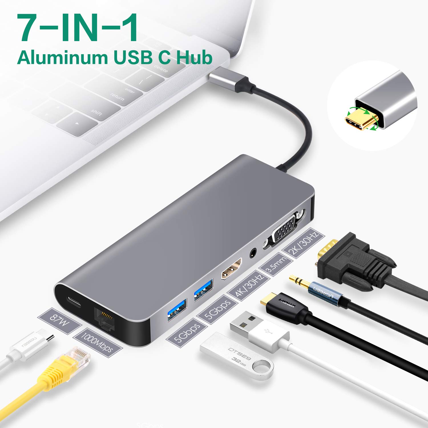 USB C HUB Ethernet HDMI,Type C HUB to HDMI 4K VGA Adaptor Samsung Dex Station for Galaxy S9/S8/Note 9/8,Nintendo Switch Adapter with 2 USB 3.0,Aduio Jack, PD for MacBook Pro and More USB-C Devices