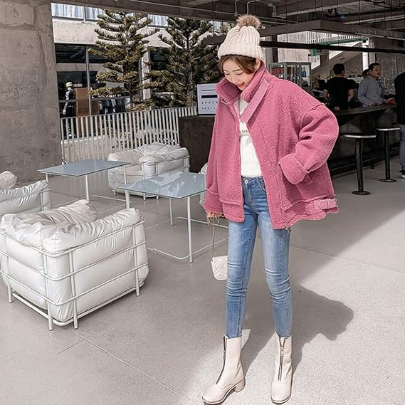 Amazon レディース 秋冬春 ジャケット コート ショート丈 ボアフリース ブルゾン 立ち襟 厚手 暖かい 防風 防寒 カジュアル おしゃれ 可愛い シンプル 無地 大きめ ピンク ベージュ S M L Xl コート ジャケット 通販