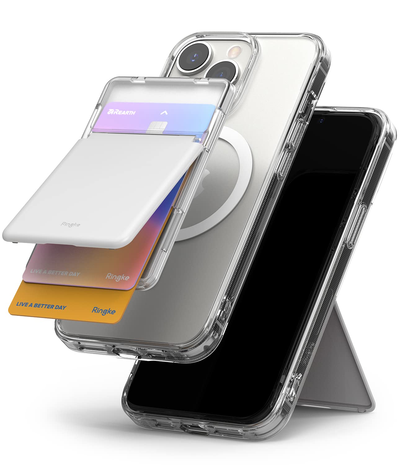 Ringke Magnetic Stand Slot Card Holder, Magnetic Stick-on Minimalist Credit Card ID Wallet Attachment, Phone Grip, Phone Stand - Clear & Light Gray