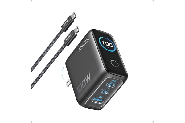 Anker 100W Max USB C Charger, 3-Port GaN Phone Charger with Smart Display | Ultra-Compact Fast Laptop Charger with Touch Control for iPhone 17 Series,iPad,MacBook Pro/Air(Include Cable,Non-Battery)