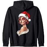 Christmas Sugar Skull Art Woman Santa Hat Festive For Women Zip Hoodie