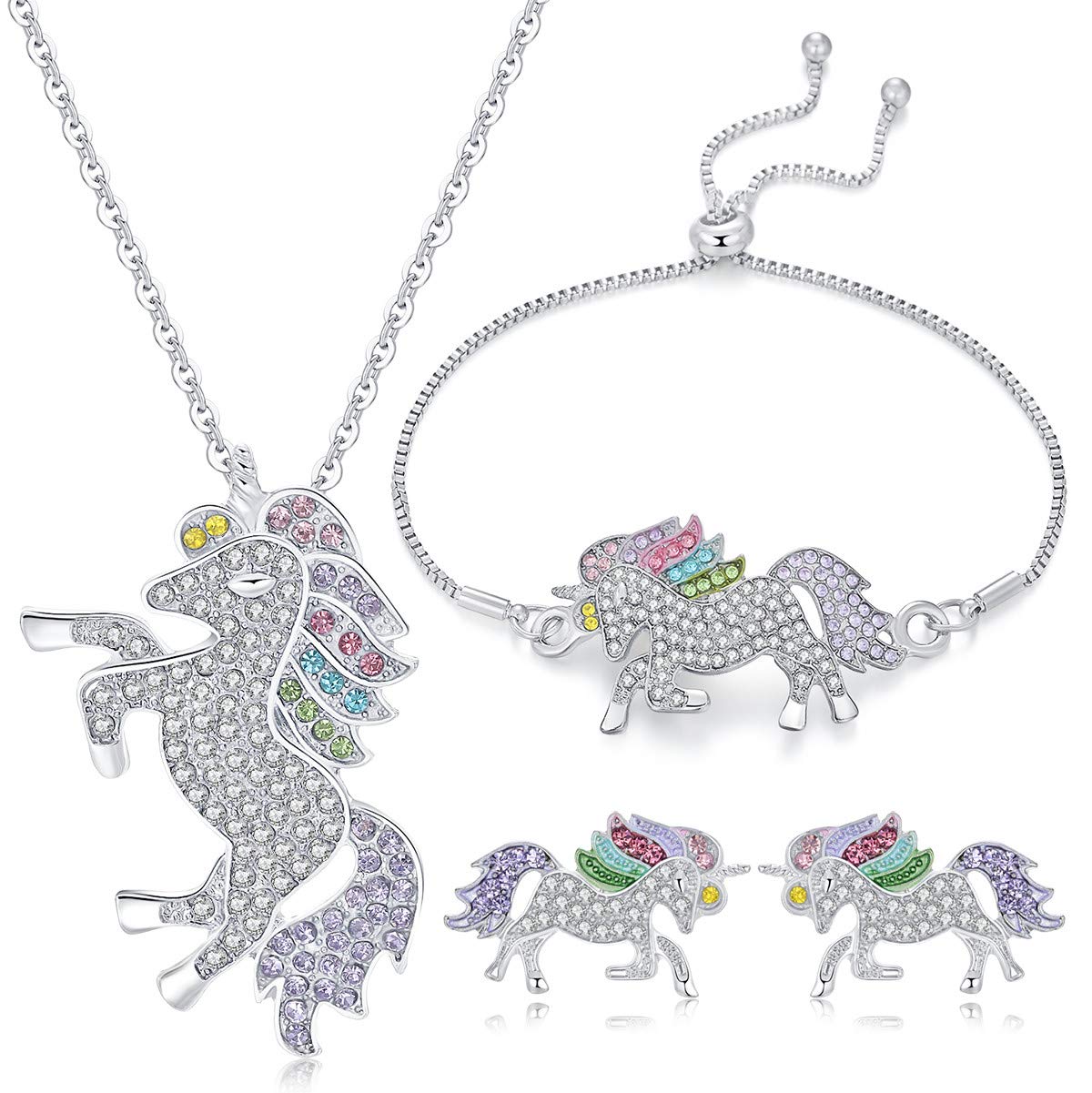 WURUIBO 3 PCS Rainbow Unicorn Jewelry Set for Girls, Fashion Necklace Earring Bracelet Crystal Rhinestone Set(Jewelry Set)