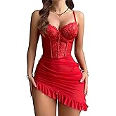 Girece Sexy Lingerie for Women Babydoll Lingerie Dress with Underwire Push Up Bra Lace Chemise Ruffle Hem Valentines Gift