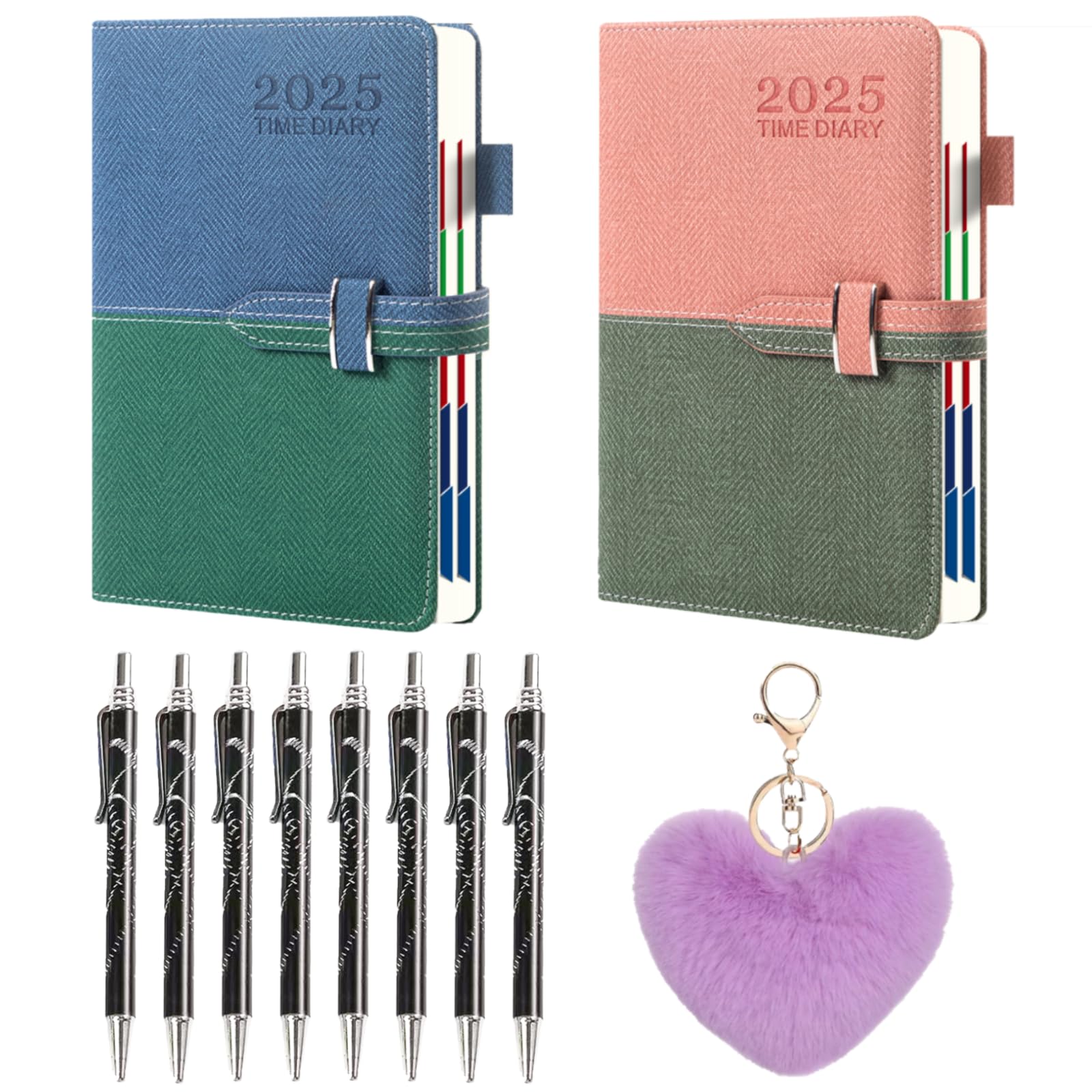 Photo 1 of 2025 Time Diary Planner Set, 6" x 8", 12 Months, 2 x Faux Leather A5 Planners, 8 x Ballpoint Pens, Heart Fur Keychain x 1, Ideal Valentine's Gift to Women, Friends, Teens, Students