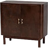 Bali & pari Latika Real Burl Wood Storage Cabinet in Dark Walnut Brown - Modern Accent Cupboard with Double Doors and Brass H