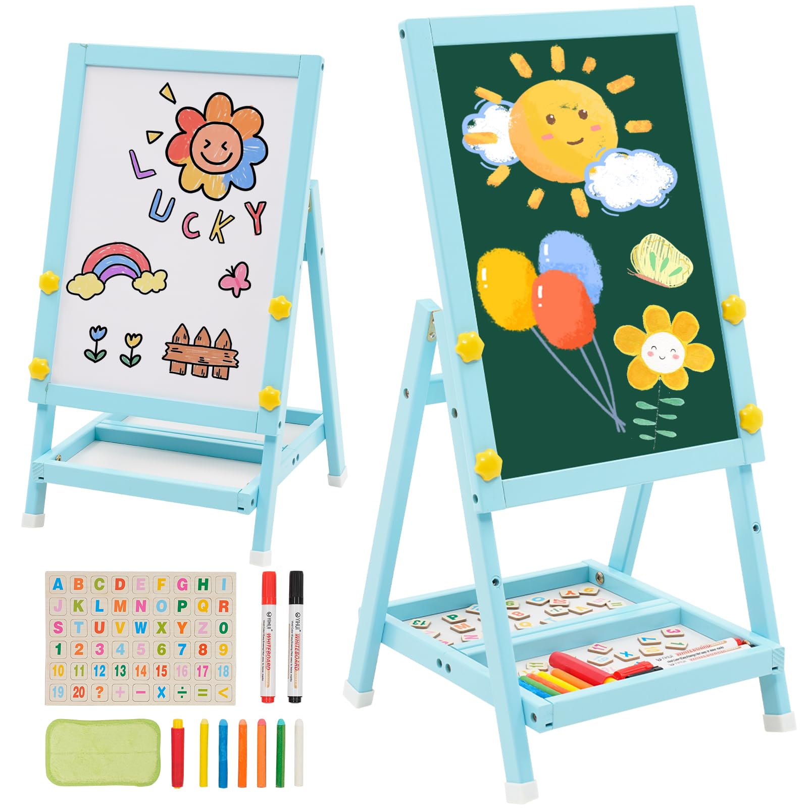 Kids Art Easel Double Sided Easel Whiteboard Blackboard,Foldale Mini Wood Easel for Kids,Drawing Board with Letters and Numbers 43 * 32 * 8.5 (Blue)