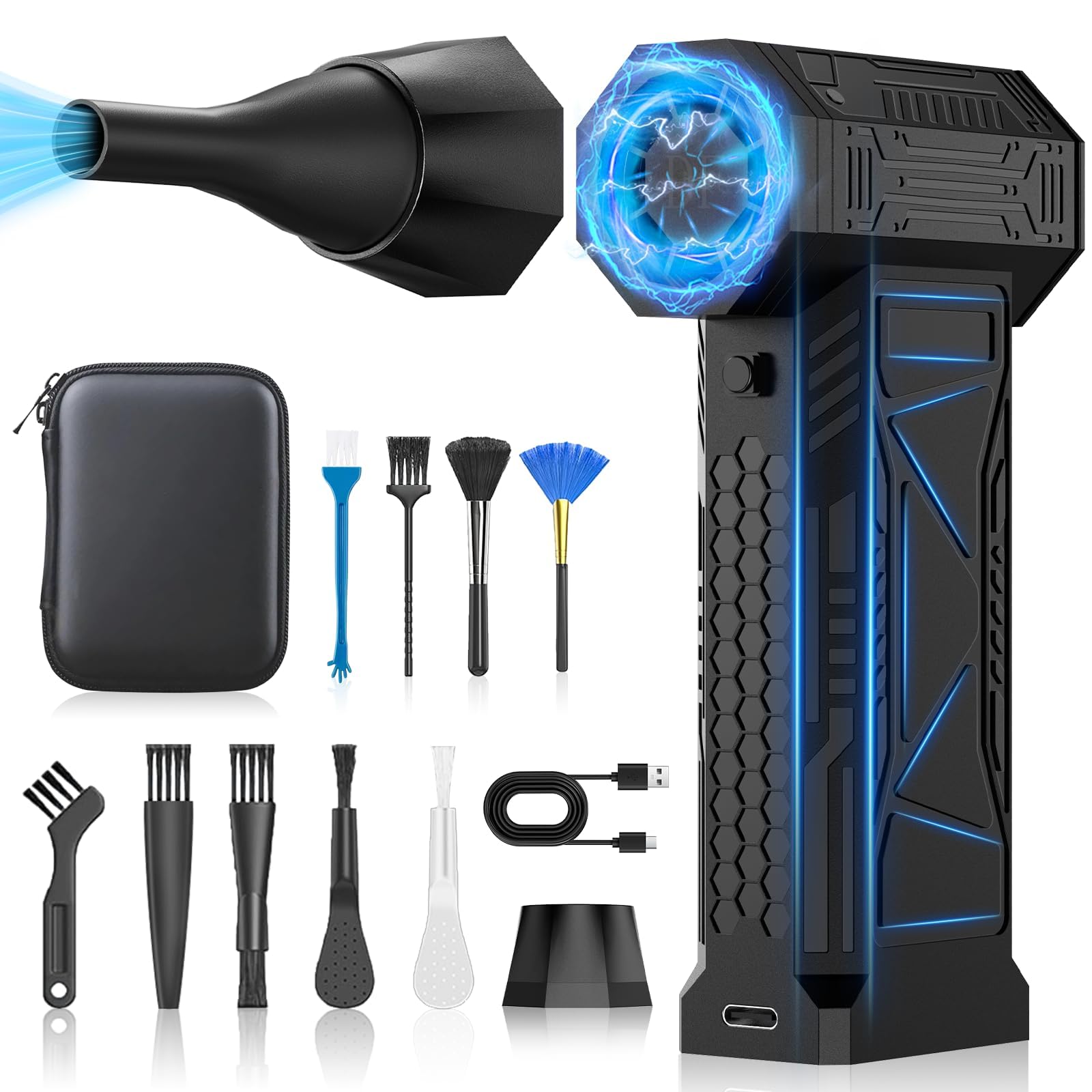 Fcalvy エアダスター 洗車 ブロワー 電動エアダスター 300,000RPM高速回転 最大風速 100m/s 5段階風量調整 20,000mAh大容量バッテリー LEDライト付き LCDディスプレイ搭 小型で超強力 ブラシレスモーター Type-C充電式 小型軽量 過熱保護 2種類ノズル付き PC掃除/キーボード/エアコン/洗車用 収納ボックス付き ブラシ付き 日本語取扱説明書付き商品画像