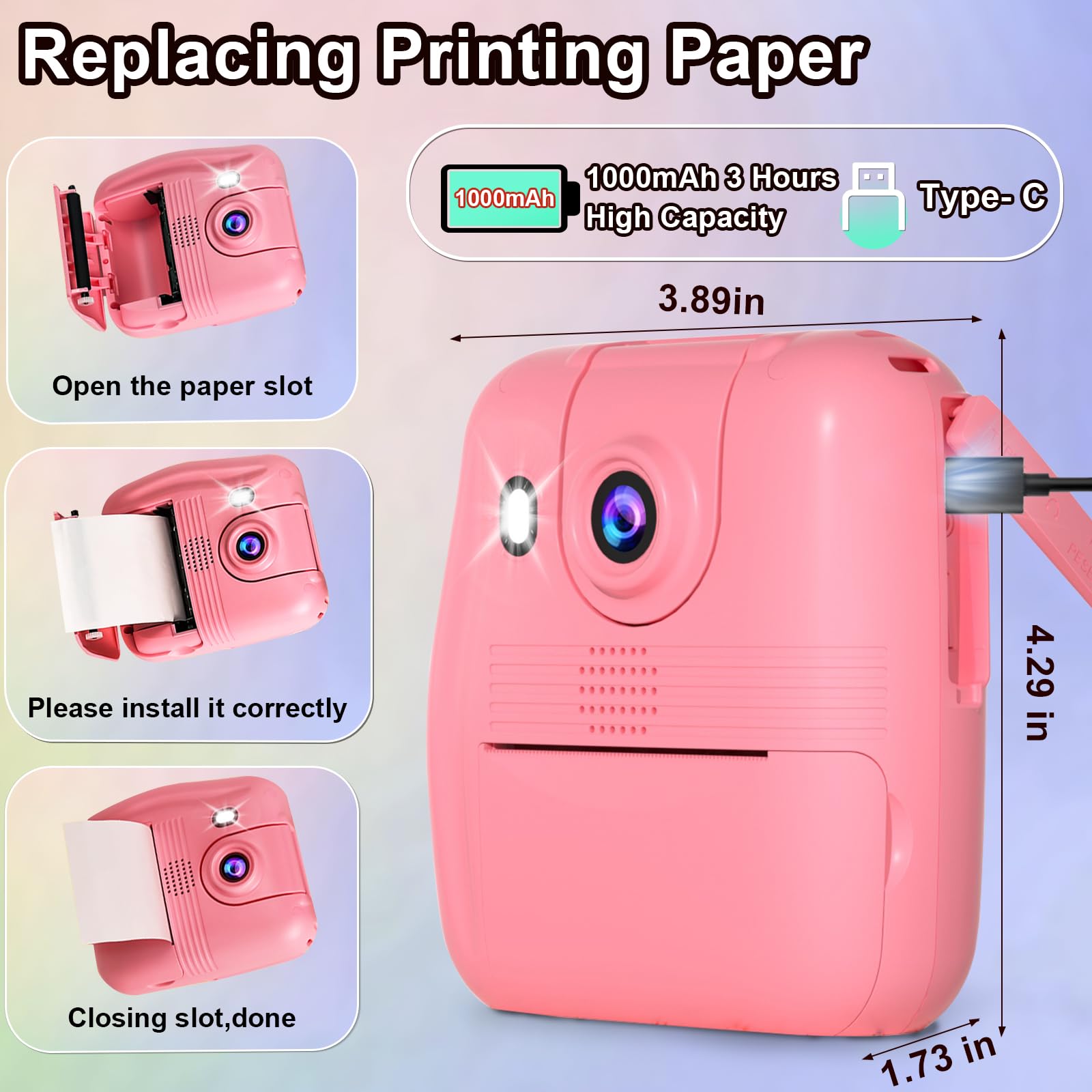 GKTZ Kids Camera Instant Print - 1080P HD Instant Print Photo - Christmas Birthday Gifts for Age 4 5 6 7 8 9 10 Girls Boys - Portable Toy with 32GB Card, 3 Rolls Photo Paper, 5 Color Pens - Pink