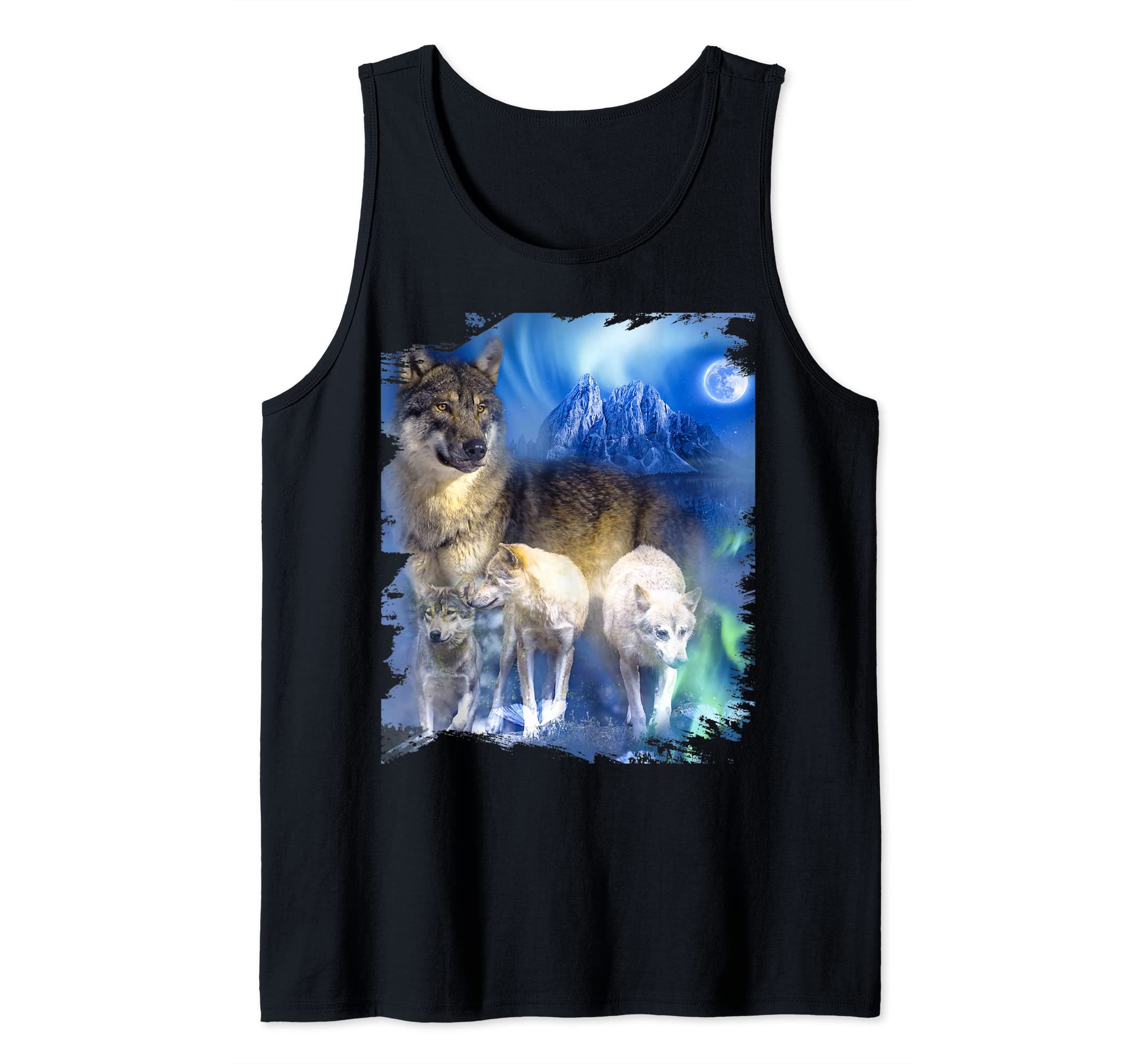 Snow Wolf In Northern-Lights Forest, Moon Wolves Tank Top