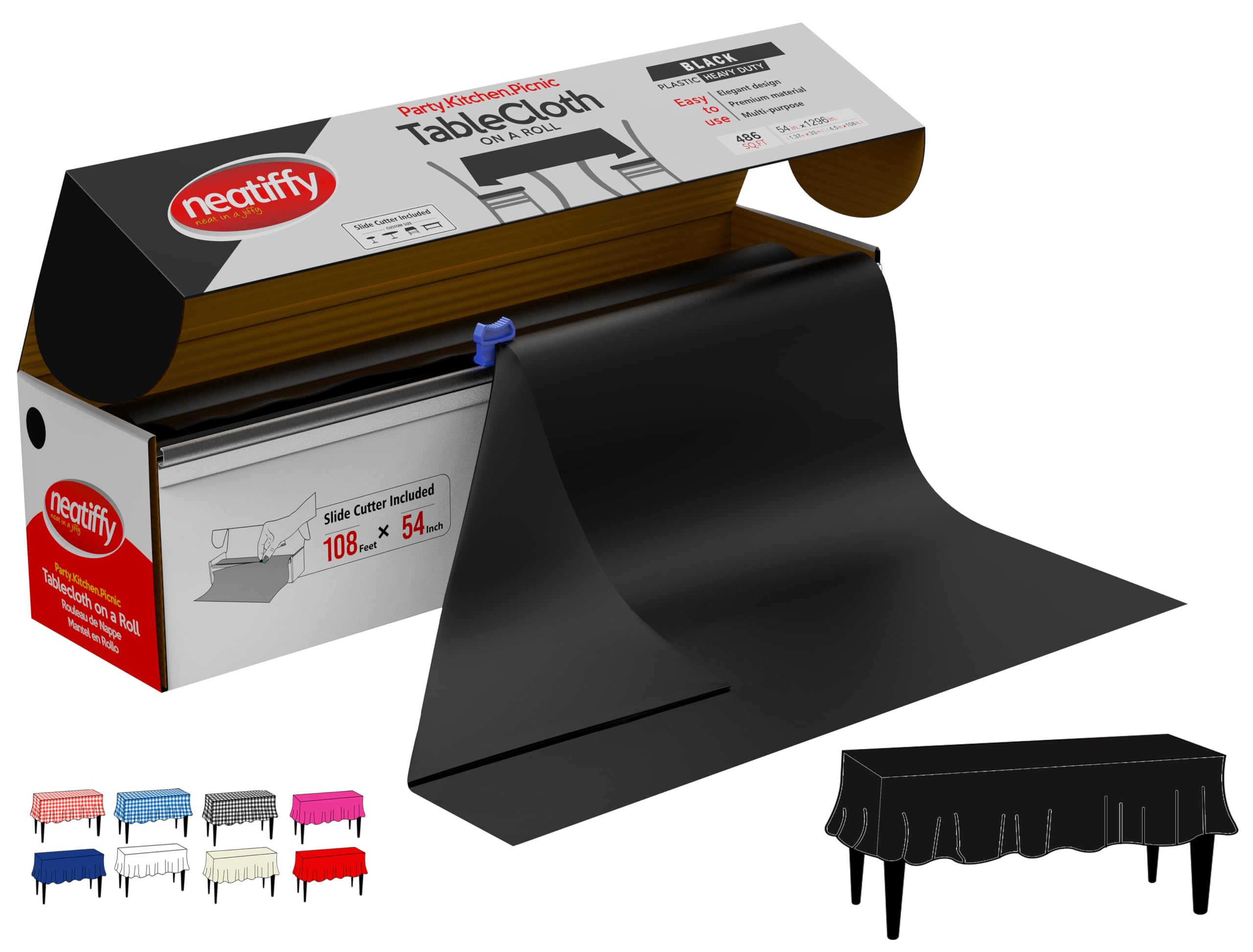 Neatiffy Disposable Plastic Table Cloth Roll | 54 in x 108 Ft Waterproof Tablecloth | Table Cover for Rectangle, Square, Round Oval Tables | Picnic, Party, Banquet, Birthdays, Weddings, Black — image 1