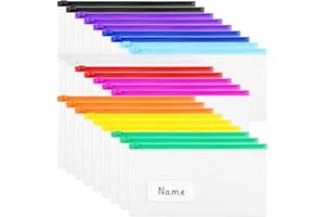 LABUK 25pcs Poly Zip Envelope, 9 x 4.7 Inches, Clear Pencil Pouch with Label Plastic Reusable Envelopes with Zipper, A6 Pencil Bags for Cash Money School Office Supplies, Muti-Color
