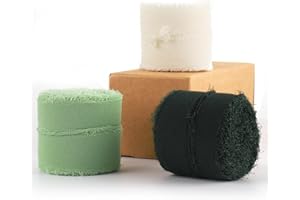 GLAMFIELDS Chiffon Ribbon Fringe Fabric Set 1.5" x 21Yd for Bouquets Wrapping, Wedding Details Flat Lay Props, Decorations, Gifts Wrapping & Bow Making,3 Rolls White,Green,Dark Green