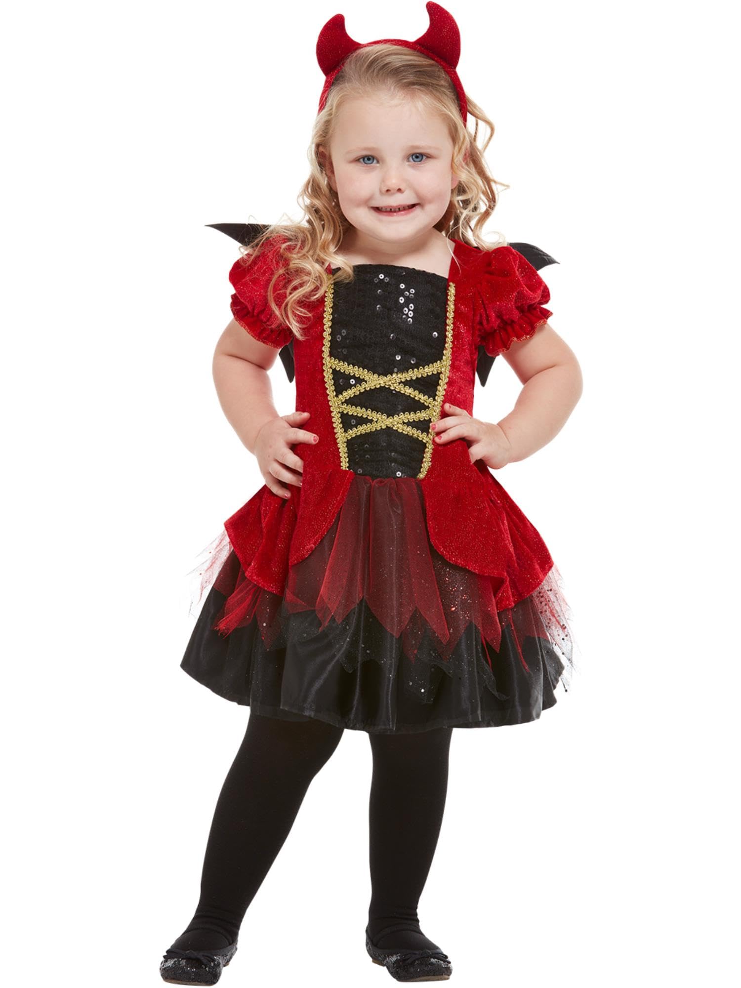 Smiffys Toddler Devil Costume, Red with Dress, Wings & Headband, Halloween Child Fancy Dress, Devil Dress Up Costumes