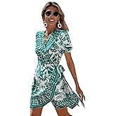 WDIRARA Women's Summer Casual Boho Floral Print Short Sleeve Wrap V Neck Ruffle Hem A Line Dress