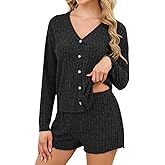 REVETRO Womens Sexy Pajama Sets Button Down Lounge Set 2 Piece Long Sleeve Knit Sweater Shorts Pajamas Spring Outfits