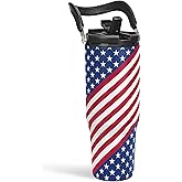 American Flag Tumbler with Handle 30oz, Stainless Steel Insulated Flip Straw Tumblers Coffee Travel Mug Cup, USA America Gifts for Women Men for Birthday Christmas