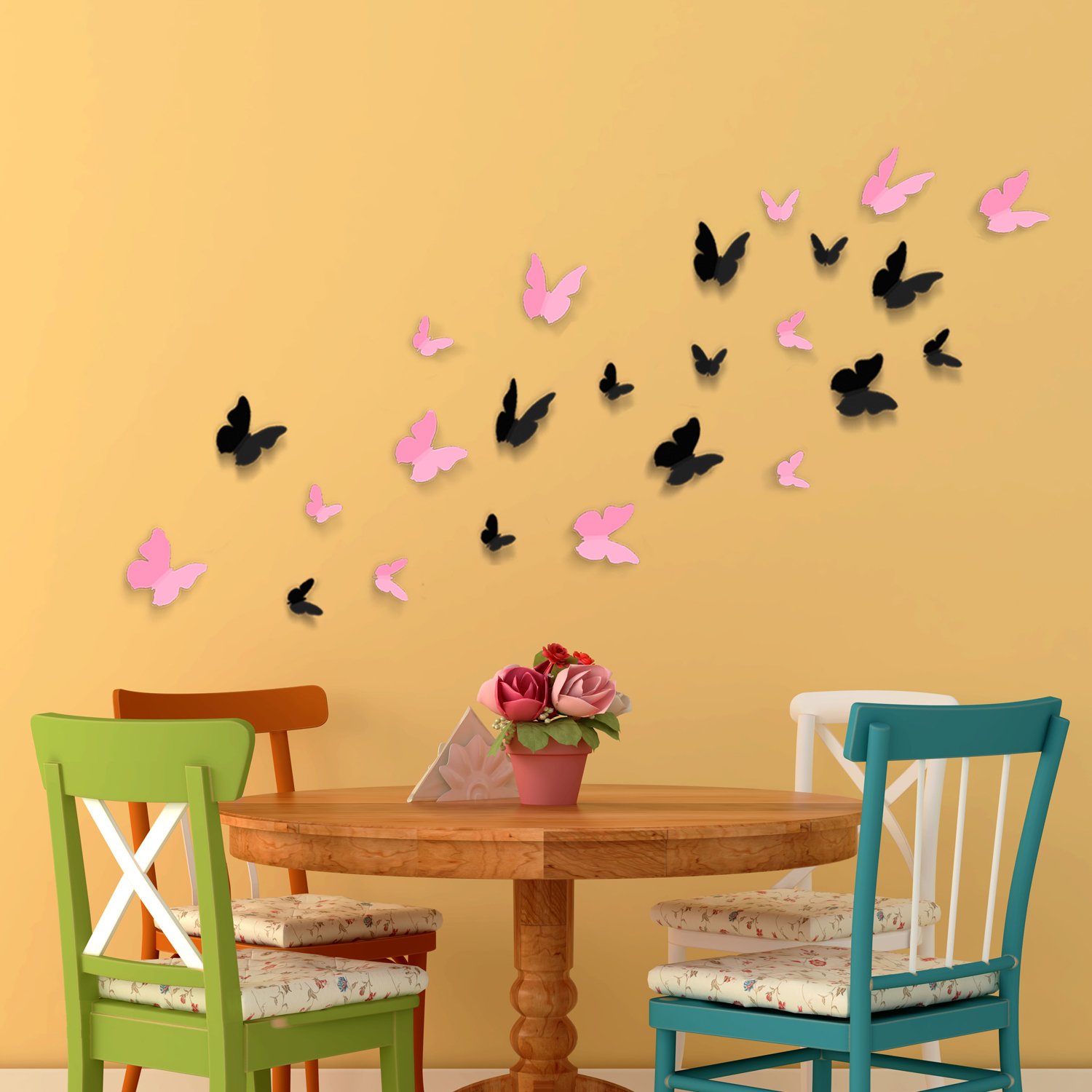 WALPLUS 3D Black Butterfly Plus Pink Butterly Wall Stickers, Vinyl, Multi-Colour, 19.5 x 11.5 x 5 cm