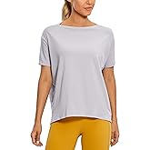 CRZ YOGA Women's Pima Cotton Short Sleeve Shirts Boat Neck Loose Fit Gym Workout T-Shirt Athletic Casual Tops