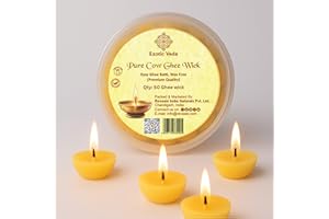 EXOTIC VEDA Cow Ghee Batti Cotton Wick - Organic, Handcrafted, Non-Toxic, Puja Items | Ghee Wicks for Pooja | Long-Lasting, Aromatic Diya Wicks for Pooja | Eco-Conscious, Clean-Burning Pack of 50