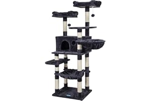 Hey-brother Cat Tree for Large Cats, Cat Tower with Scratching Posts, 2 Padded Plush Perches, Big Condo and Cozy Basket, Smoky Gray MPJ025G