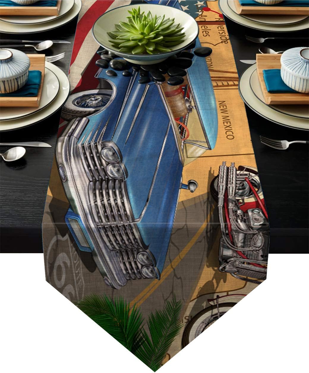 Fandim Fly Dining Table Runner 13 x 90 Inch, American Vintage Route 66 Diner Motorcycle Shabby Chic Table Runners for Morden Stylish Wedding Party Holiday Table Setting Decor