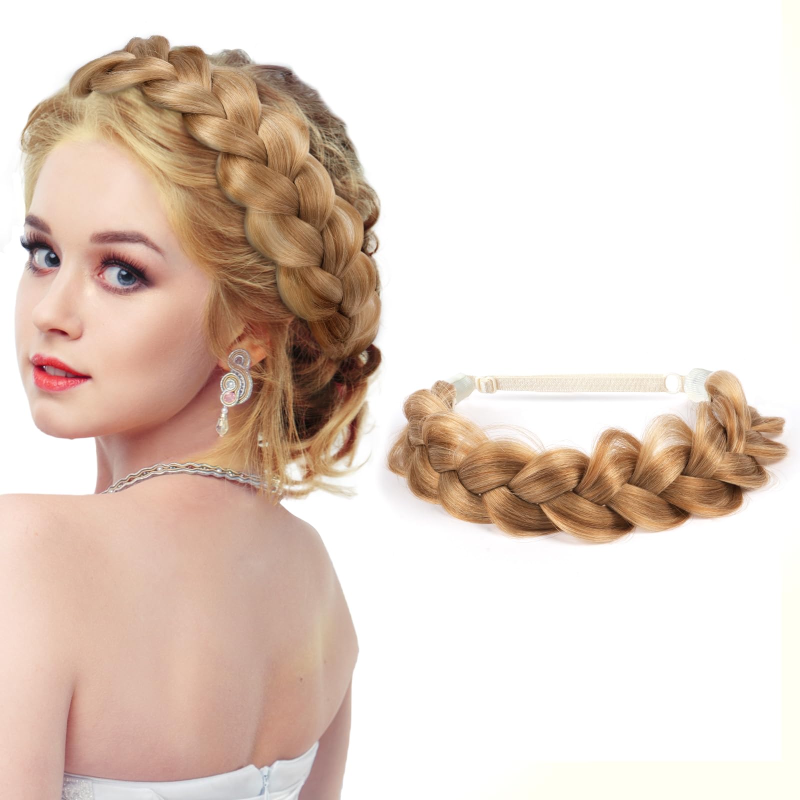 LOPHE Hair Braid Headband, Messy Wide 2 Strands Chunky Fishtail Braided Headband, Fluffy Wide Strands Wedding Hair Band, Fluffy Braids Wig Band for Women and Girls (Blonde)
