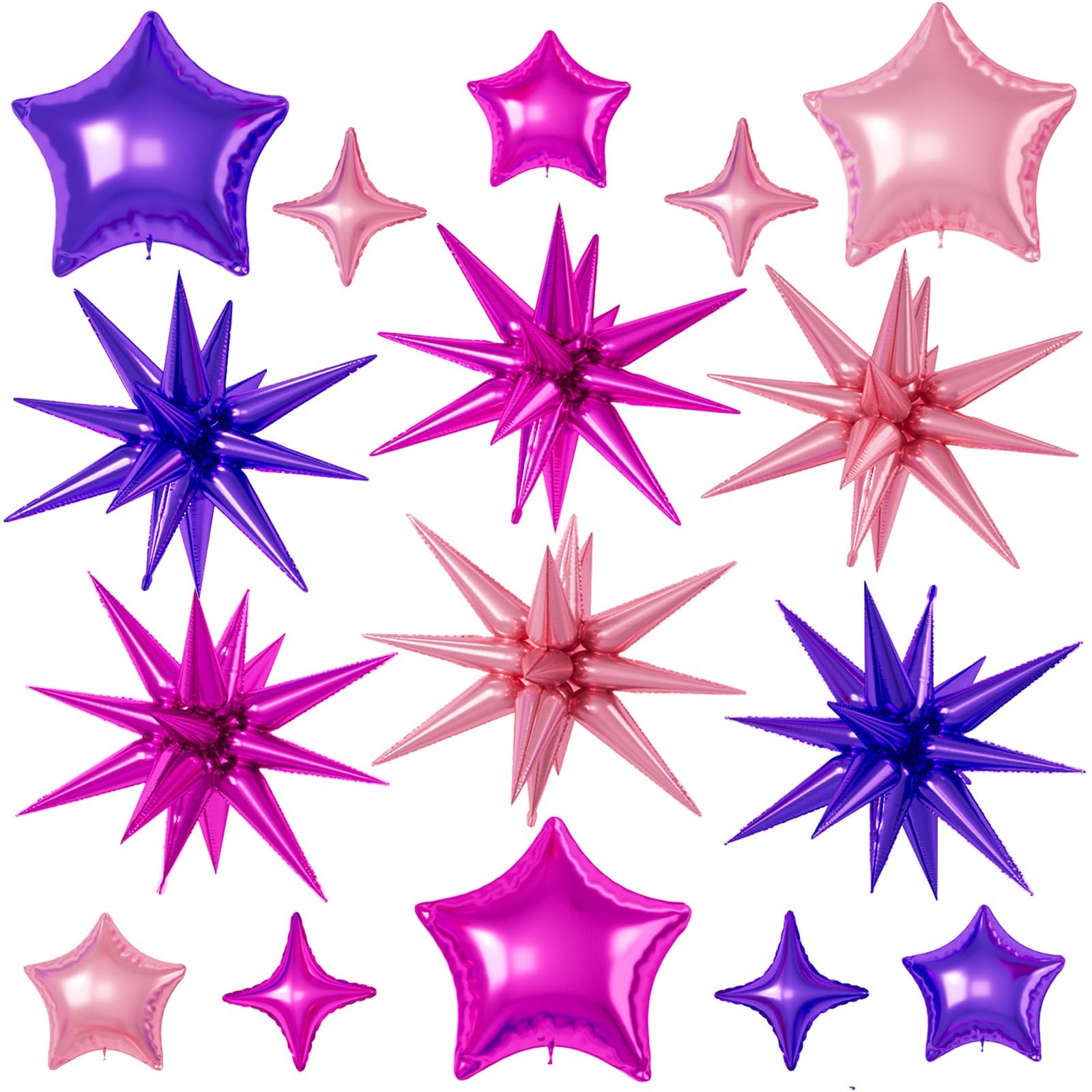 Photo 1 of 16 Pcs Hot Pink Purple Star Balloons, 22/18/10 Inch Foil Balloons, Four-Pointed Balloon for Girl Princess Birthday Wedding Baby Shower Party Decorations