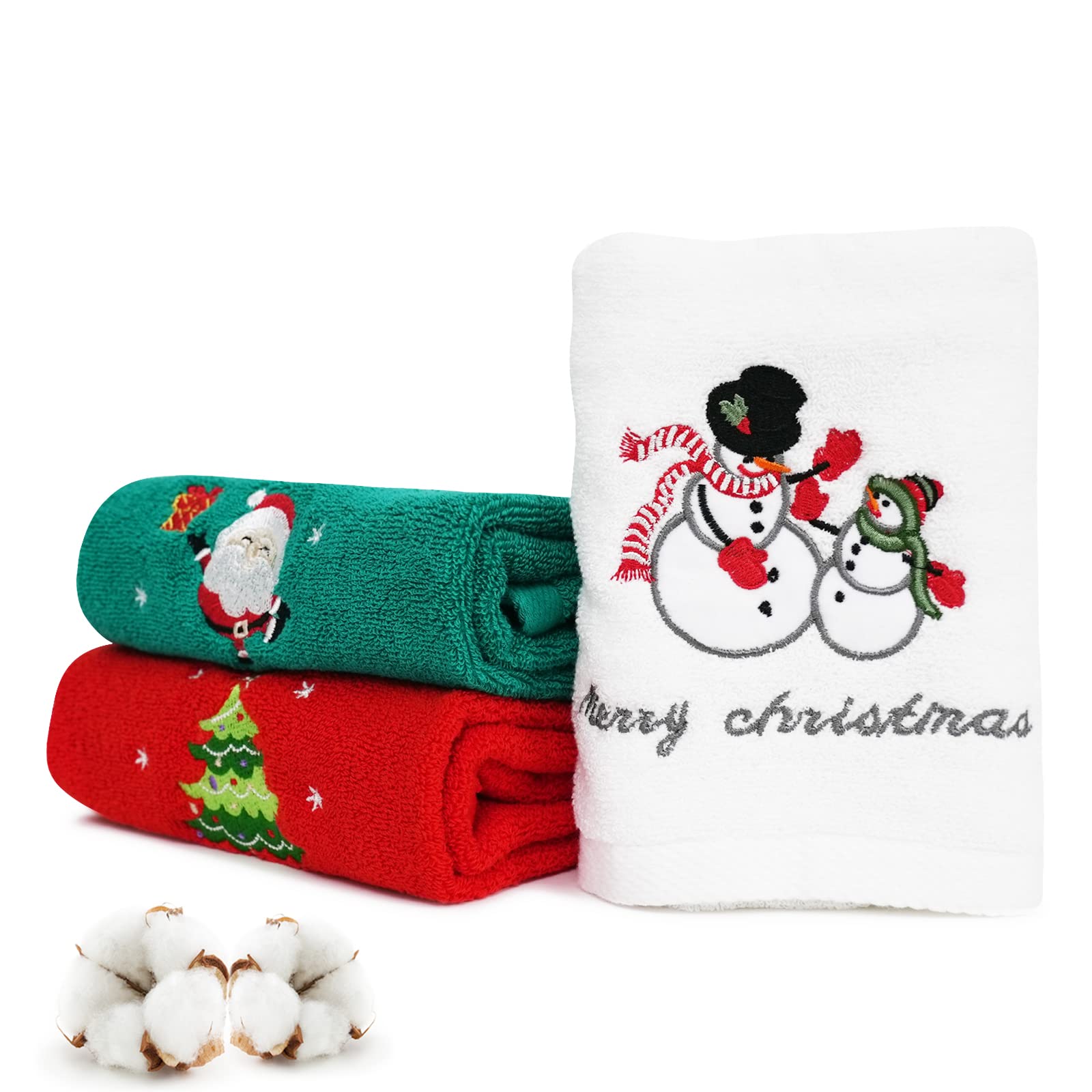 FreeCon Christmas Hand Towels 3 Pack, Cotton Dish Washcloth for Kitchen, Soft & Embroidered Bath Towel for Bathroom Super Absorbent, Cute Holiday Decoration Set for Home (73×34cm)