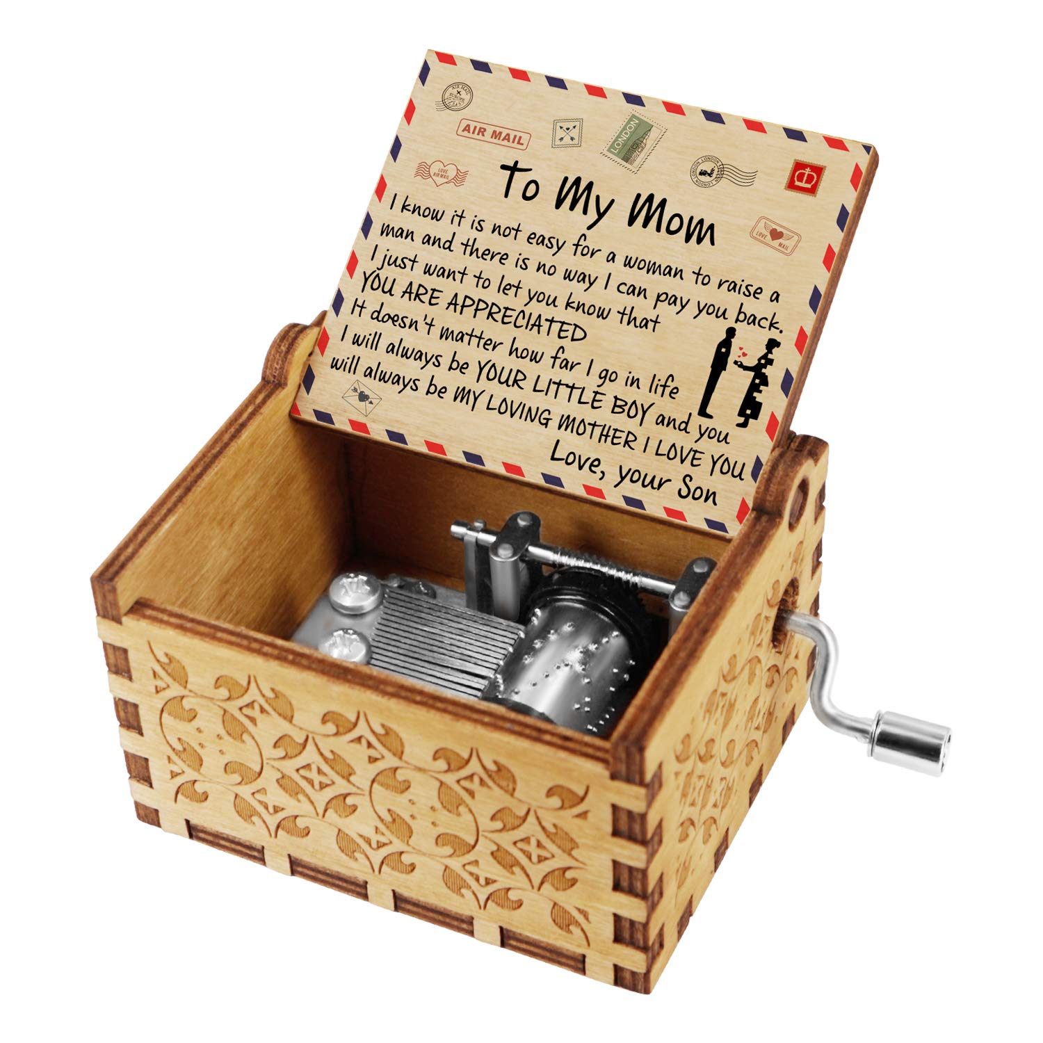 Kenon Engraved Wood Music Boxes For Mom, Custom Vintage Hand Crank Musical Box and Your are My Sunshine Music, Christmas Birthday Gift For Mom From Son