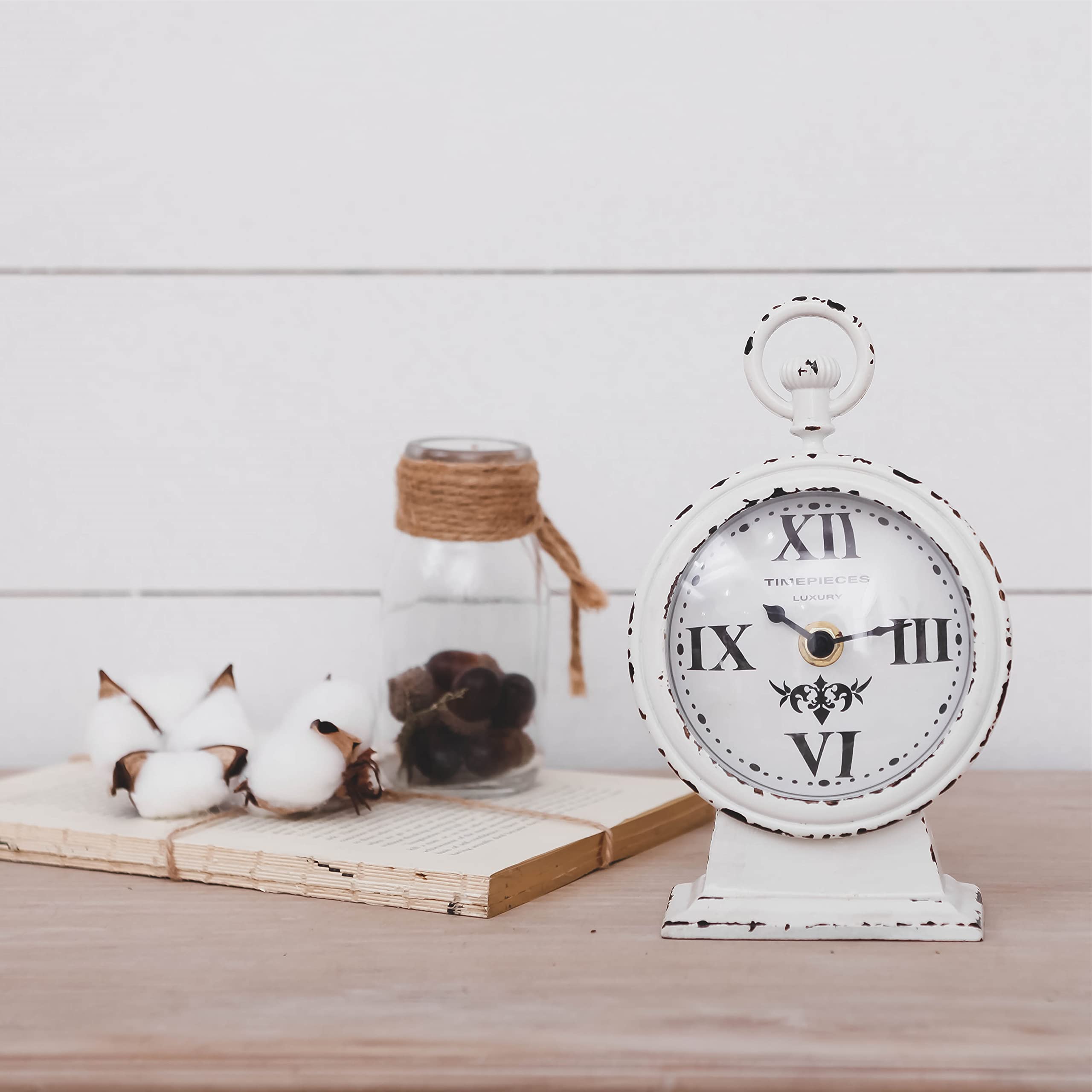 NIKKY HOME Vintage Mantel Clock, White Rustic Metal Analog Clock, Battery Operated, Distressed Style, 4.7 x 2.4 x 7.6 Inch