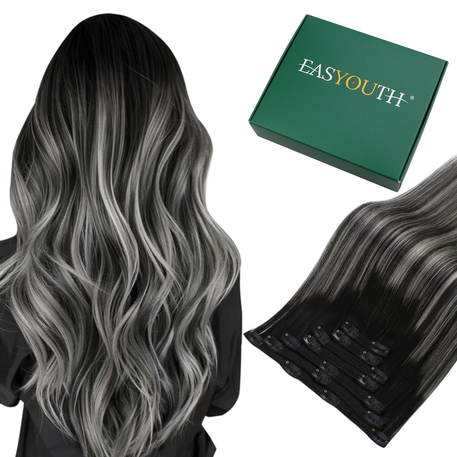 【Re】Easyouth Clip in Hair Extensions Black Hair Human Extensions Natural Hair Clip ins,Double Weft Hair Extensions Real Clip in Remy Hair 20 Inches 7Pcs 100g — image 1