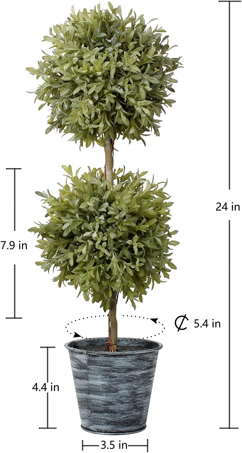 Artificial Boxwood Topiary Tree Double Ball Fake Leave Frosted Green Potted Plants with Iron Pot for Indoor Outdoor Farmhouse Decor -