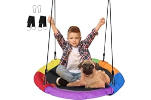 JUNGLE WELL Saucer Swing – 40’’ Tree Swing Seat with 900D Oxford Waterproof Fabric for Kids & Adults | 700 lbs Weight Capacity | Adjustable Straps & 2 Carabiners for Indoor & Outdoor Fun (Rainbow)