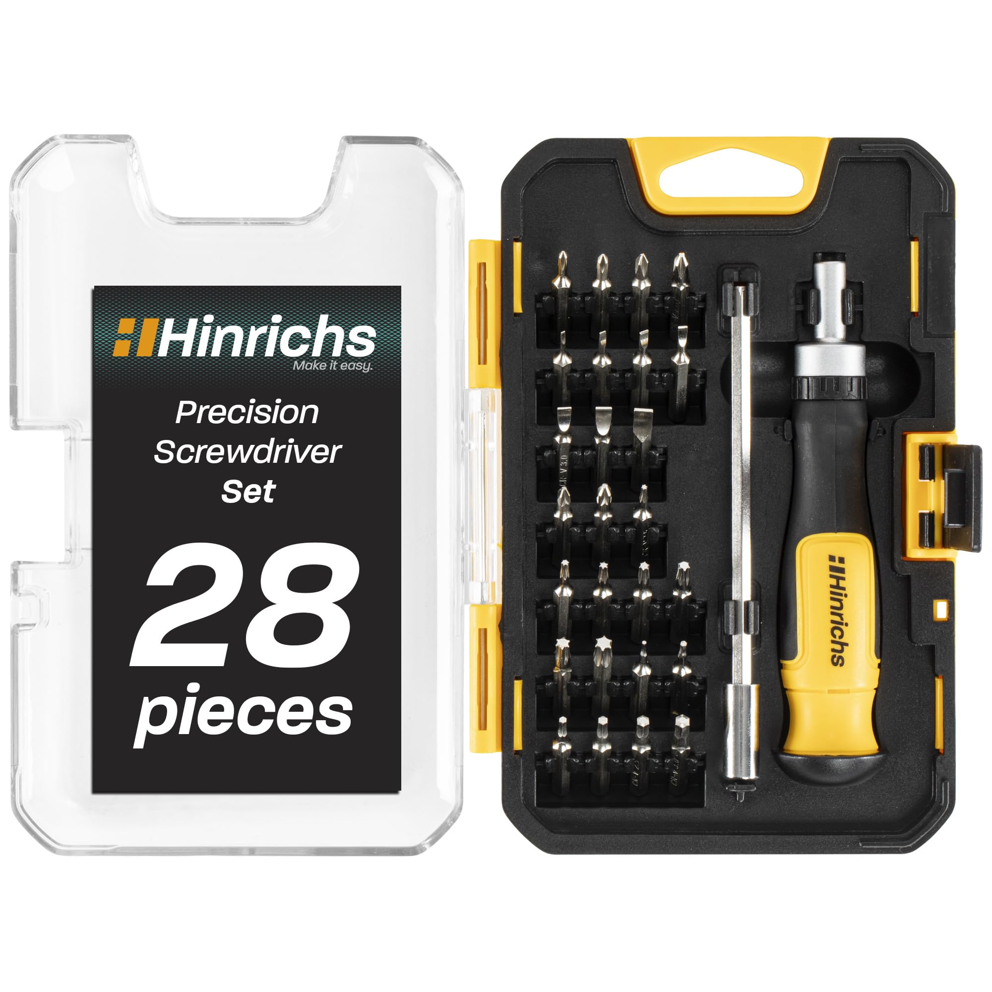 Hinrichs 28-Piece Precision Screwdriver Set with Ratchet & Extension - Phillips/Slotted & Torx Screwdriver - 26 CRV Bits & Magnetic Bit Adapter - PC Tool Kit - Electronic Screwdriver Set