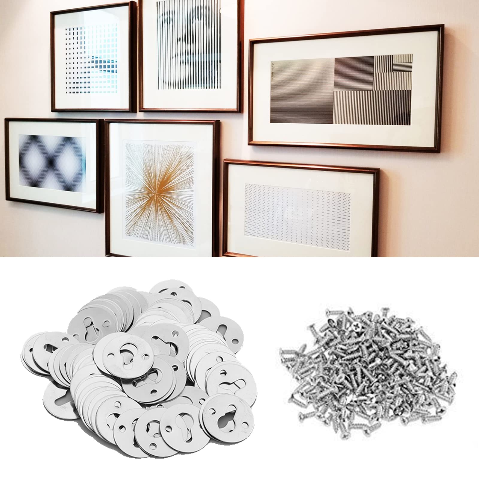 60PCS Round Keyhole Shelf Brackets Hangers, Metal Flat Round Keyhole Hangers with Screws, Picture Frame Hanging Plate for Artworks Picture Wall Decorations (Silver)