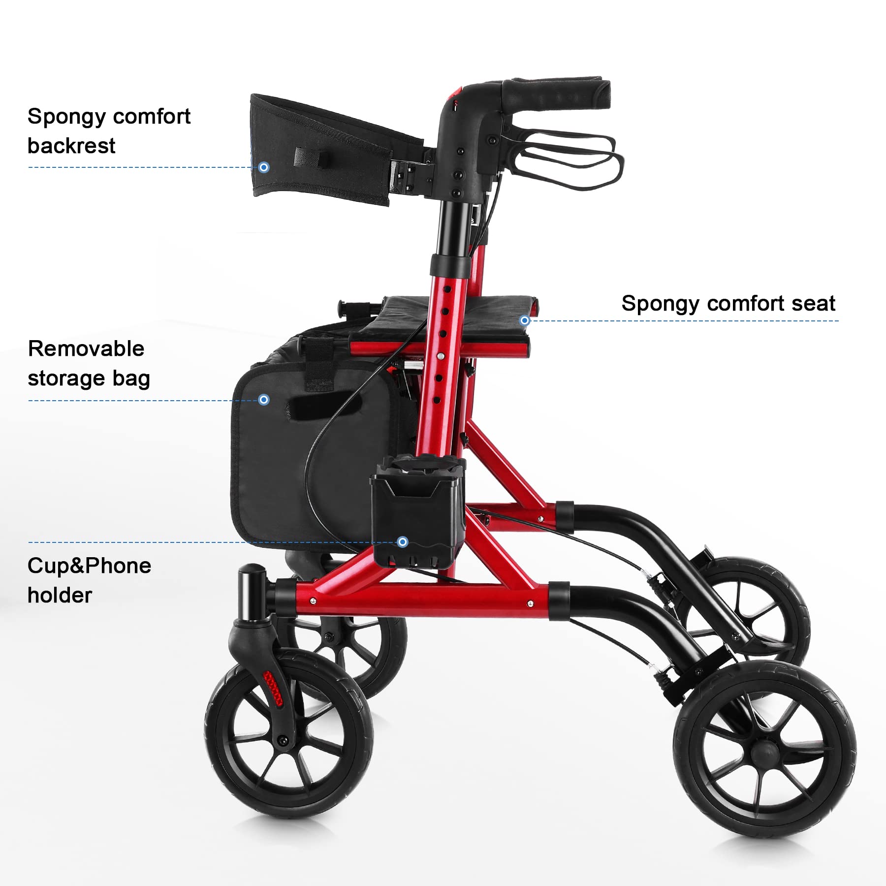 WALK MATE Rollator Walker for Seniors with Cup Holder, Upgraded Thumb Press Button for Height Adjustment, 4 x 8 Wheels Walker with Seat Padded Backrest Folding Lightweight Walking Aid, Red