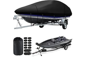 LANLELIN Heavy Duty Bass Boat Cover, 21'2"-23' Trailerable Marine Grade Waterproof Tarp Covers with Adjustable Windproof Tightening Strap & Anti-UV fit V-Hull/Tri-Hull/Fishing Boat/Runabout/Prostyle Bass Boat.