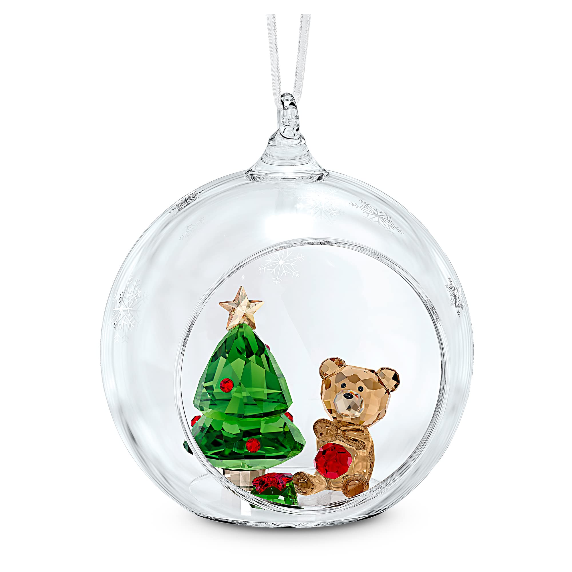 Swarovski Christmas Scene Hanging Ornament, Brown, Red and Green Crystals with White Ribbon, from the Joyful Ornaments Collection