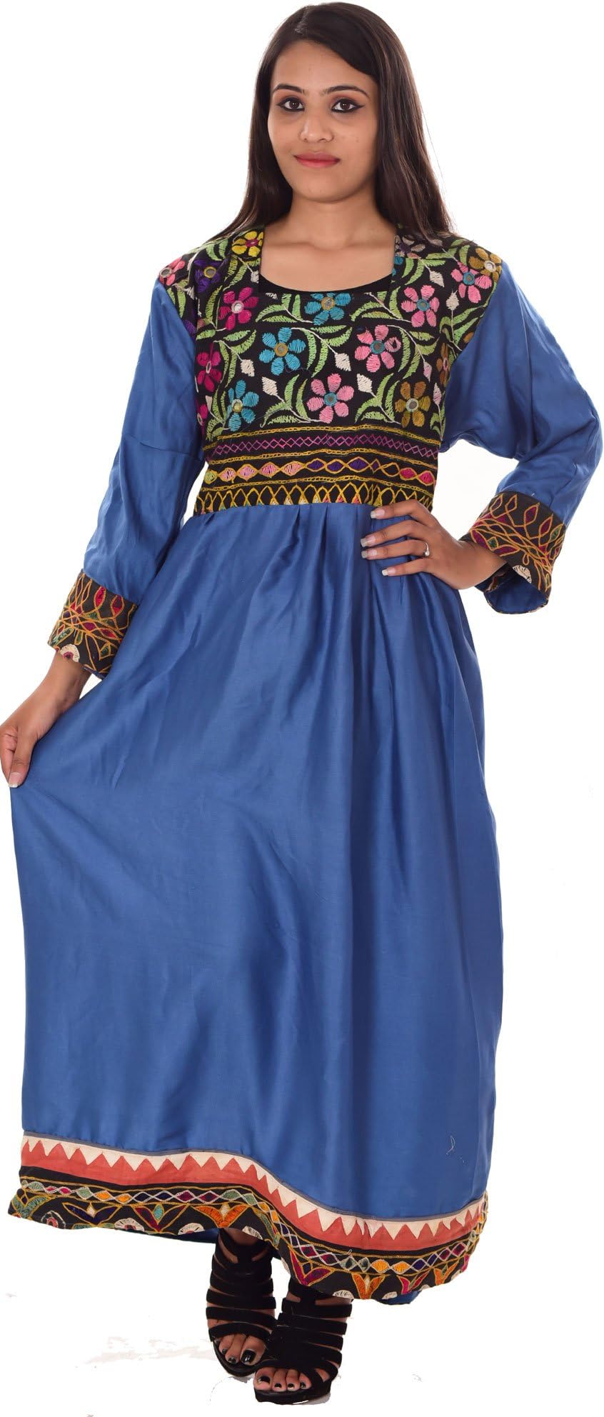 Indian Banjara Embroidered Women Afgani Dress Blue Color Plus Size Attire Outfit Gown Tunic Floral Print