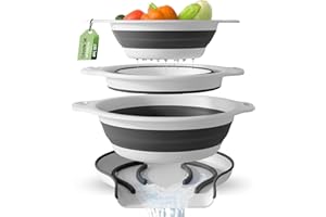 Gevoli (Set of 3 Sizes) Collapsible Colanders with Self-draining Base for Edge of Sink - Plastic Food Strainer (White)