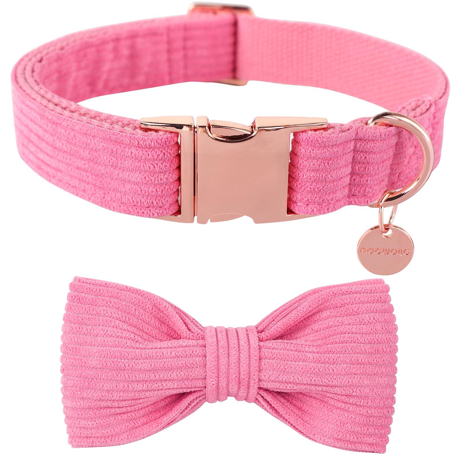 DOGWONG Corduroy Dog Collar with Bowtie, Pink Girl Dog Collar Soft Adjustable Pet Collars Durable Puppuy Collars for Small Medium Large Dogs, M (34.3cm-55.9cm)