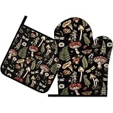 MiaoSi Vintage Mushroom Oven Mitts and Pot Holders Sets of 2 | Retro Forest Botanical Fern Kitchen Gloves Hot Pads Heat Resistant Cottage Kitchen Accessories for Cooking Baking Grilling