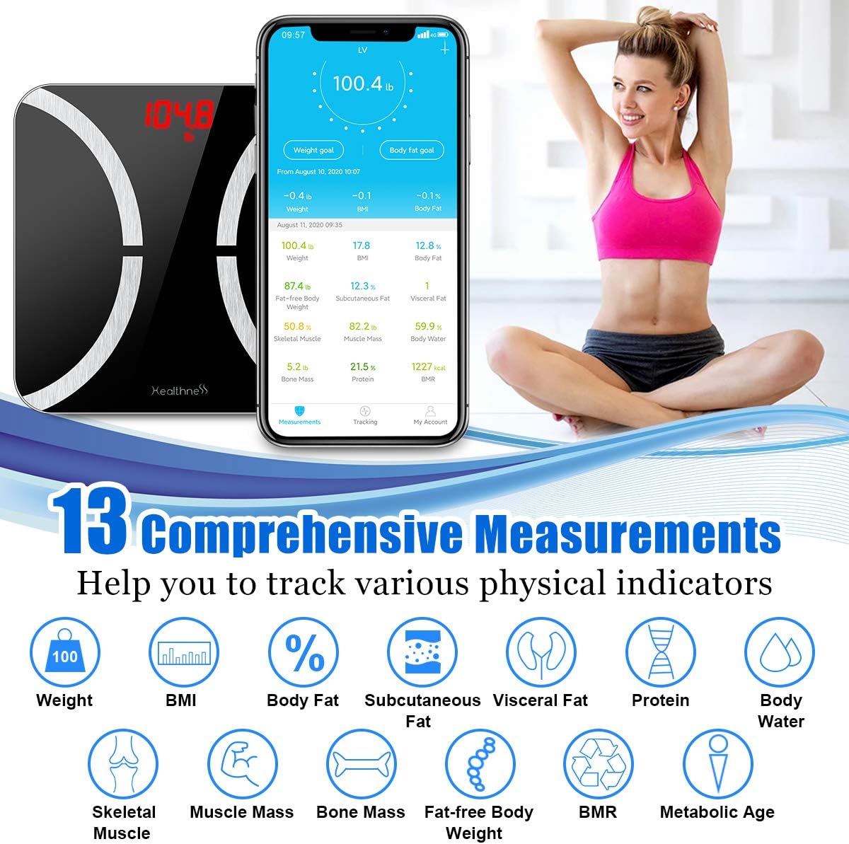 Bluetooth Body Fat Scale, Digital Bathroom Scale Weight Scale with BMI and Body Fat Percentage, Wireless Smart Scale Body Composition Analyzer Health Monitor with iOS Android App for Weight Loss: Health & Personal Care