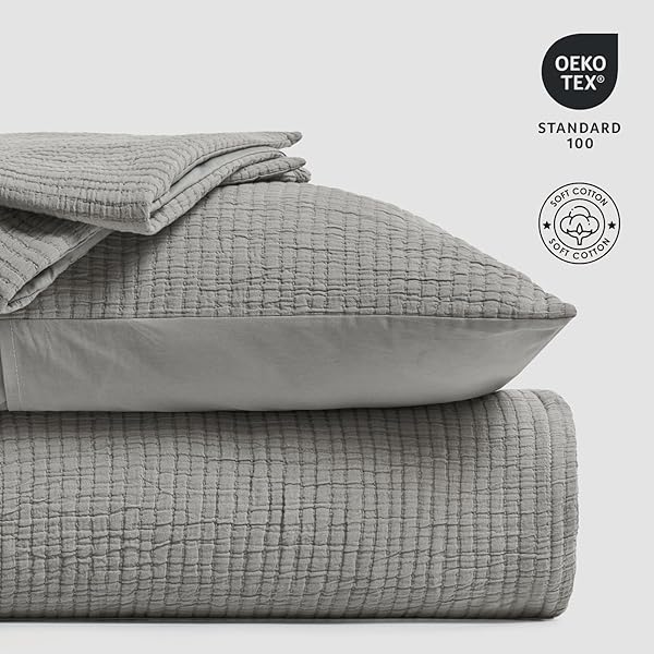 EVERGRACEHOME COTTON GAUZE KING BEDSPREAD, ULTRA SOFT PREWASHED PICK STITCH MATELASSÉ COVERLET, LIGHTWEIGHT TEXTURED OVERSIZED KING QUILT BEDDING SET FOR ALL SEASON, WITH 2 SHAMS, FOG GRAY