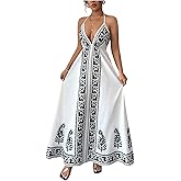 Floerns Women's Floral Print V Neck Halter Cami Dress Tie Open Back Boho Wedding Guest Maxi Dresses